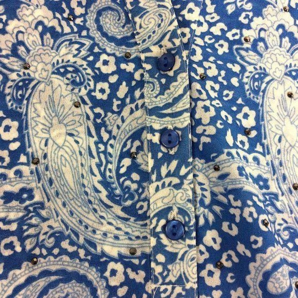 4/$25 Antilia Femme Top Blouse Tunic Blue Paisley 3/4 Roll Tab Sleeve Women Sz S - Picture 8 of 12